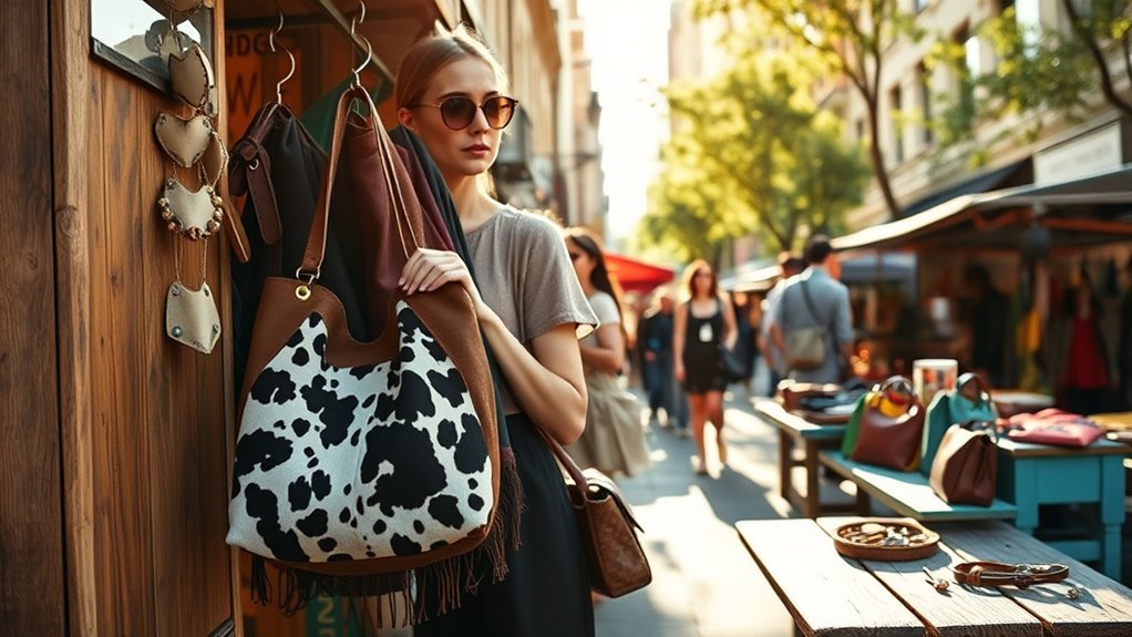 buying cowhide handbags outdoors
